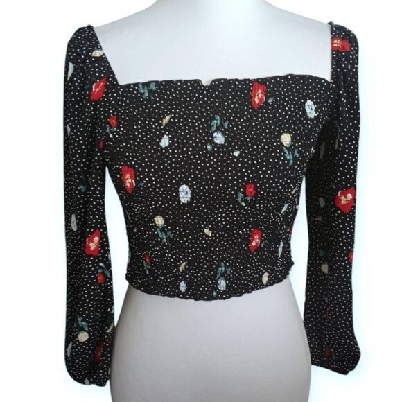 ABERCROMBIE & FITCH SMOCKED BLACK FLORAL WHITE POLKA-DOT CROP TOP SZ.XS EUC. - Picture 1 of 6